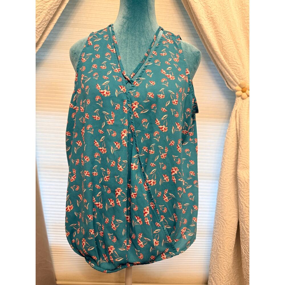 Grayson Threads Teal Floral Faux Wrap Front Sleeveless Blouse in women's size XL